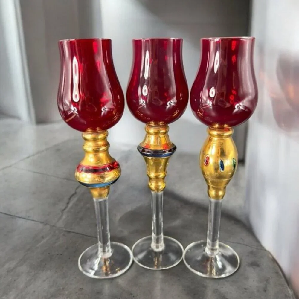 Bombay Company Romanov Ruby Gold Long Stem Cordial Glasses Cadmium UV Glow Set 3